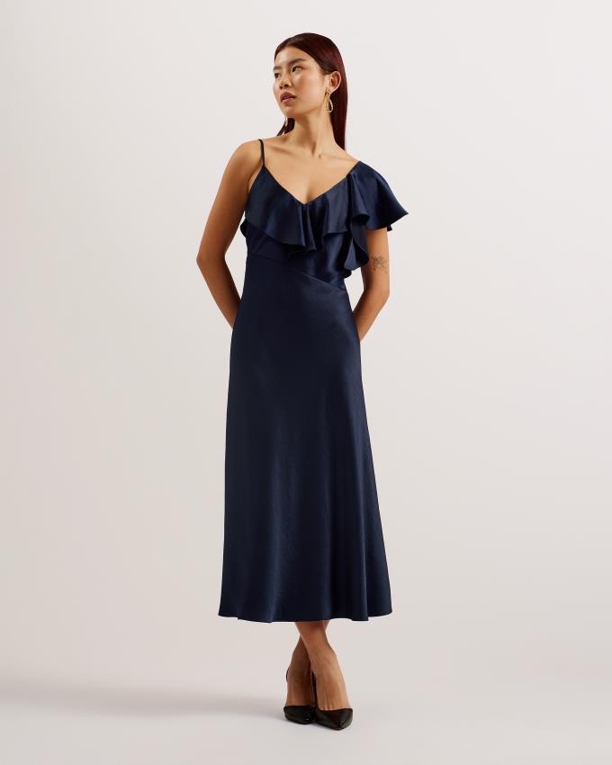 Peignoir Ted Baker Ruffle Neck Satin Midi Slip Bleu Marine Femme | TKH-89470537